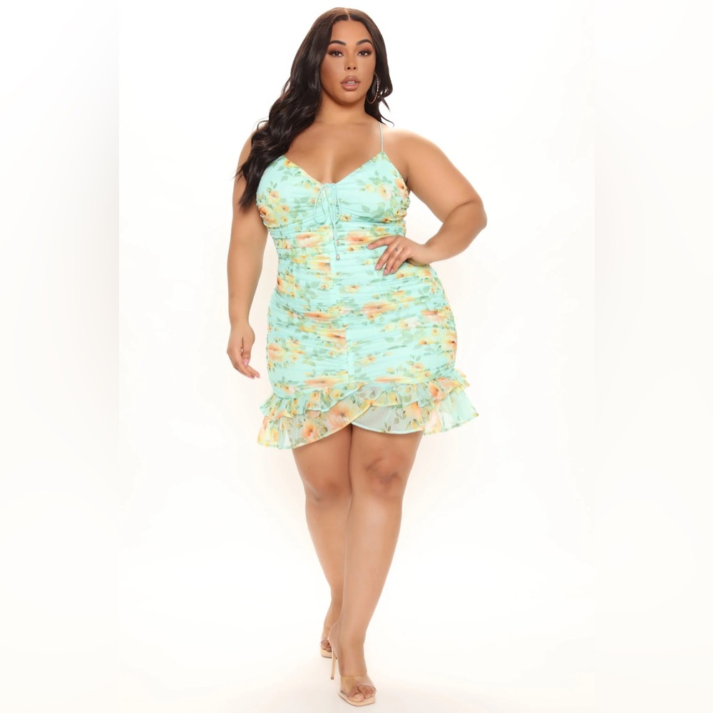 Receiving Flowers Ruched Mini Dress - Aqua/Combo